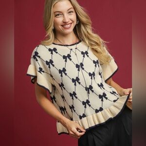 Umgee Bow Knit Ruffle Sleeve Sweater